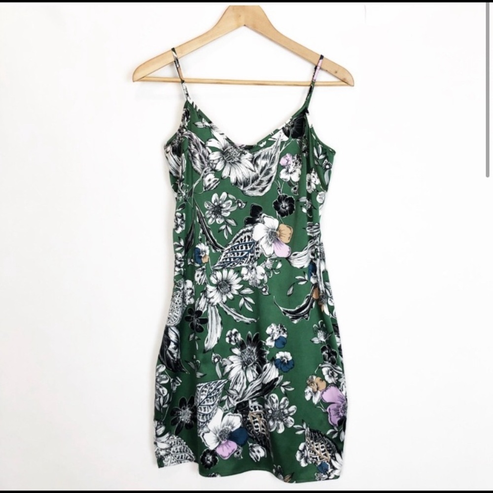 BEBE Emerald Green Floral Print Slip Style Dress